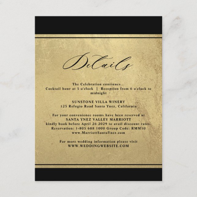 Elegante Schwarz-Gold-Hochzeitdetails - Einschließ Begleitkarte (Vorderseite)