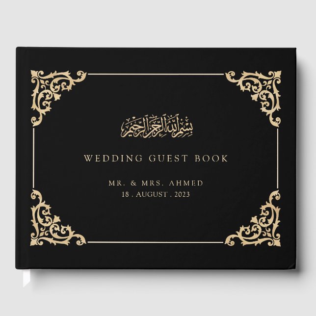 Elegante Schwarz-Gold-Islamische Hochzeit Gästebuch (Vorderseite)