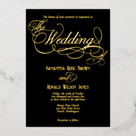 Elegante Schwarz-Gold-Kalligrafie-Hochzeit Folieneinladung