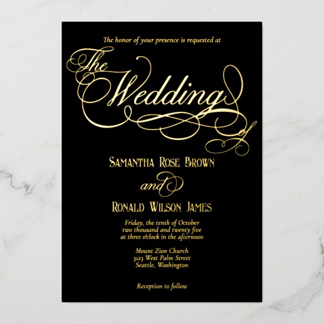 Elegante Schwarz-Gold-Kalligrafie-Hochzeit Folieneinladung (Vorderseite)