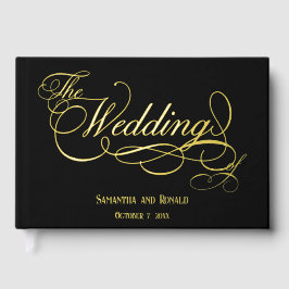 Elegante Schwarz-Gold-Kalligrafie-Hochzeit Gästebuch