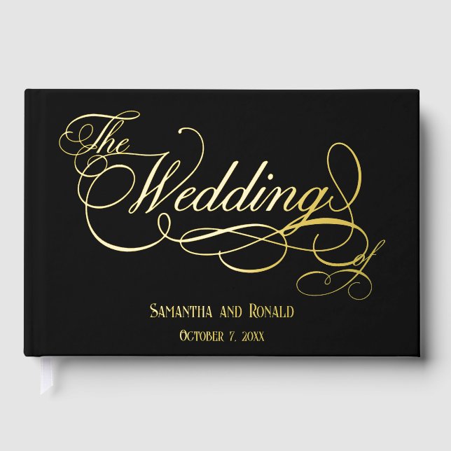 Elegante Schwarz-Gold-Kalligrafie-Hochzeit Gästebuch (Vorderseite)