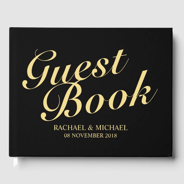 Elegante Schwarz-Gold-Kalligrafie-Hochzeit Gästebuch (Vorderseite)