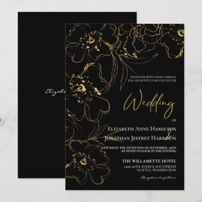 Elegante Schwarz-Gold Line Kunst, Dichtung und Mus Einladung (Vorne/Hinten)