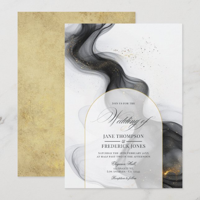 Elegante Schwarz-Gold-Marmor-Hochzeit Einladung (Vorne/Hinten)