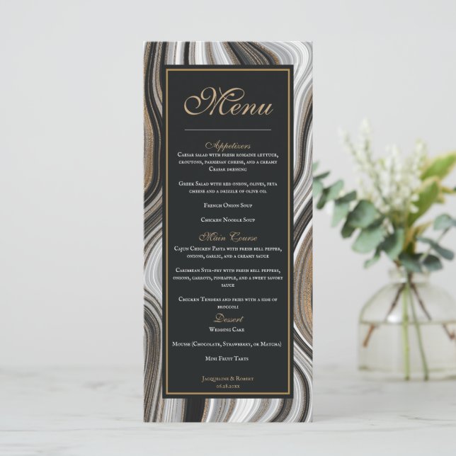 Elegante Schwarz-Gold-Marmor-Hochzeit Menükarte (Stehend Vorderseite)