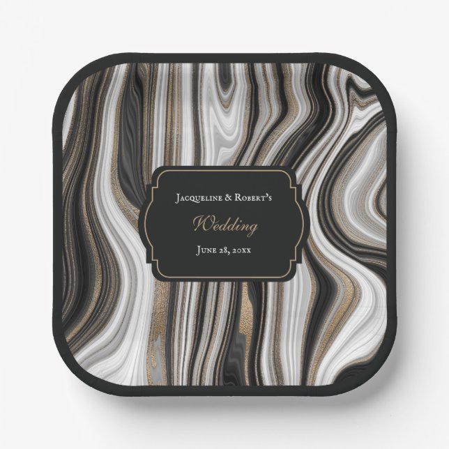 Elegante Schwarz-Gold-Marmor-Hochzeit Pappteller (Vorderseite)