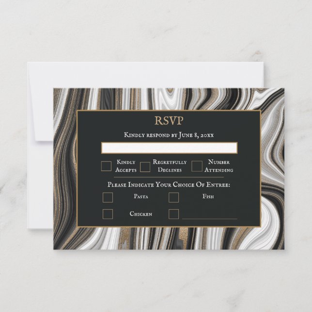 Elegante Schwarz-Gold-Marmor-Hochzeit RSVP Karte (Vorderseite)