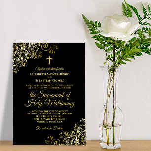 Elegante Schwarz & Gold Moderne katholische Hochze Einladung