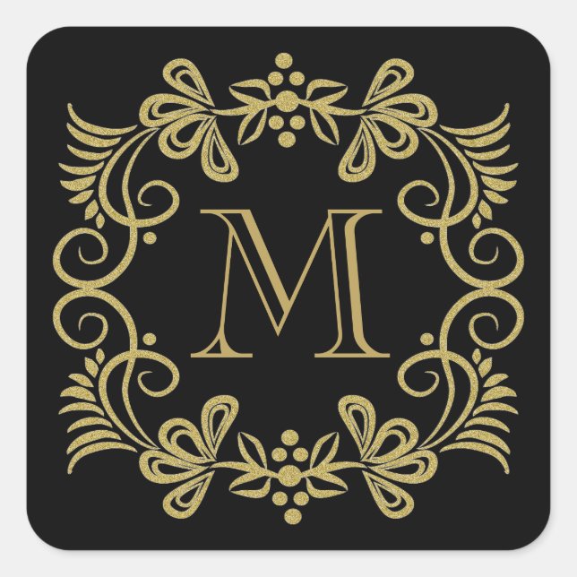 Elegante Schwarz-Gold-Monogramm-Aufkleber Quadratischer Aufkleber (Vorderseite)