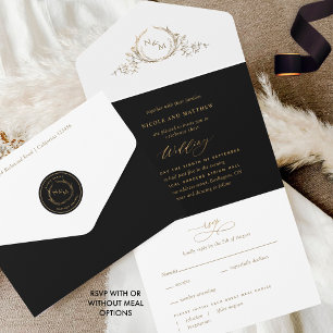 Elegante Schwarz-Gold-Monogramm-Hochzeit mit UAWG All In One Einladung