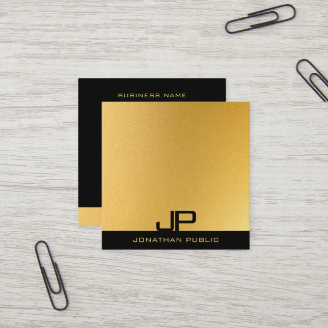 Elegante Schwarz-Gold Monogramm-Vorlage Quadratische Visitenkarte (Vorderseite/Rückseite Beispiel)