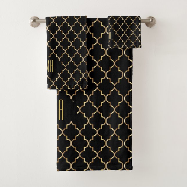 Elegante Schwarz-Gold-Quatrefolien-Muster Badhandtuch Set (Insitu)