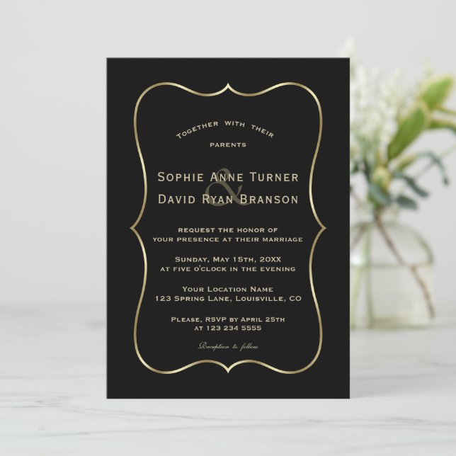 Elegante Schwarz-Gold-Rahmen-Hochzeit Einladung (Stehend Vorderseite)