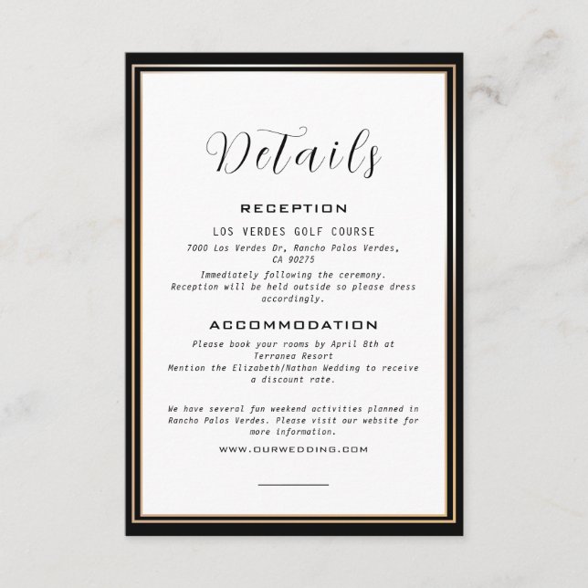 Elegante Schwarz-Gold-Rahmen-Hochzeitsdetails Begleitkarte (Vorderseite)