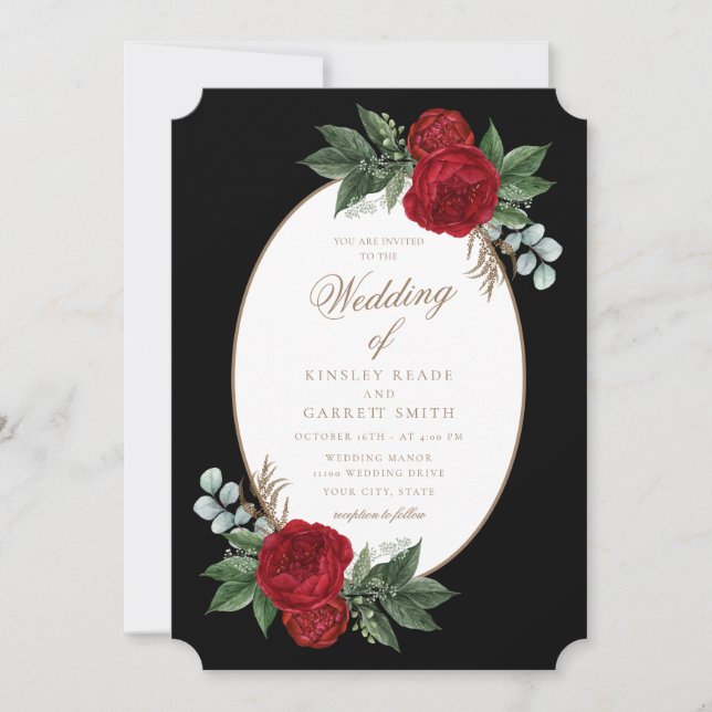Elegante Schwarz-Gold-Rote-Flora-Hochzeit Einladung (Vorderseite)