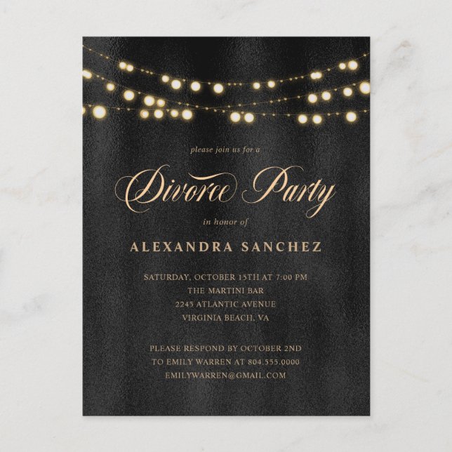 Elegante Schwarz-Gold-Scheidung Party Einladung Postkarte (Vorderseite)