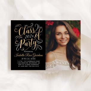 Elegante Schwarz-Gold-Schrift Foto-Abschlussfeier Einladung