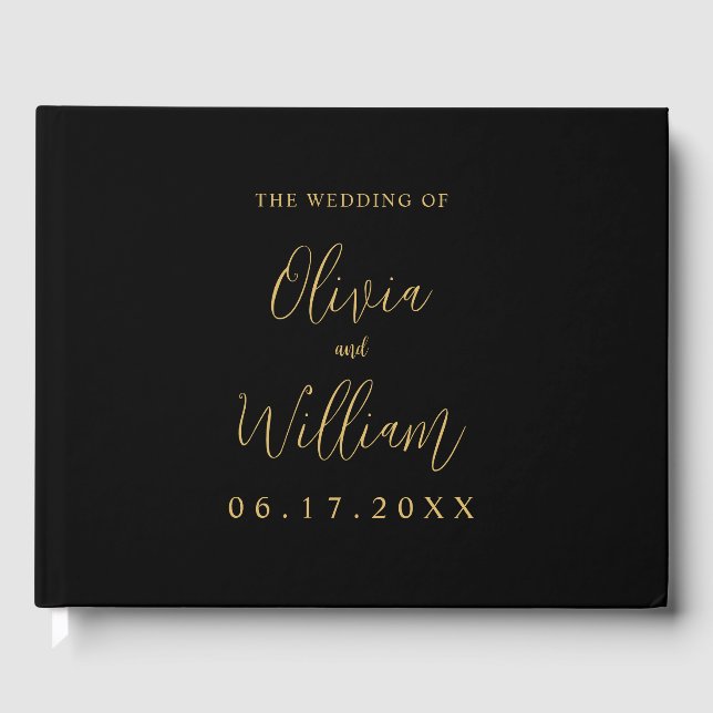 Elegante Schwarz-Gold-Script-Hochzeit Gästebuch (Vorderseite)