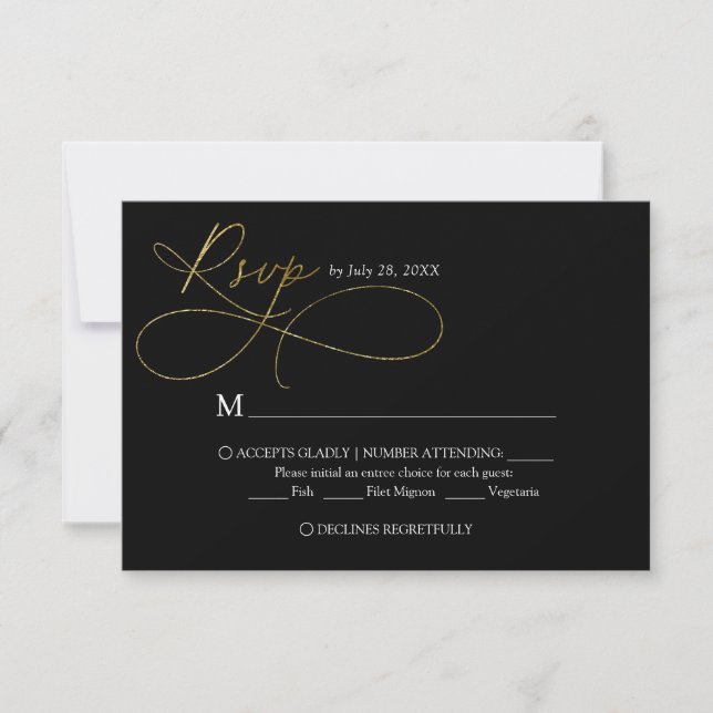 Elegante Schwarz-Gold-Script-Hochzeit RSVP Karte (Vorderseite)