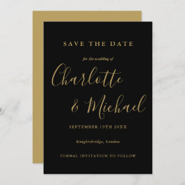 Elegante Schwarz-Gold-Script-Hochzeit Save The Date