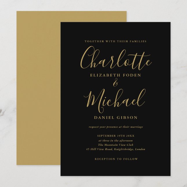 Elegante Schwarz-Gold-Signatur-Script-Hochzeit Einladung (Vorne/Hinten)