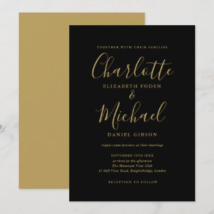 Elegante Schwarz-Gold-Signatur-Script-Hochzeit Einladung