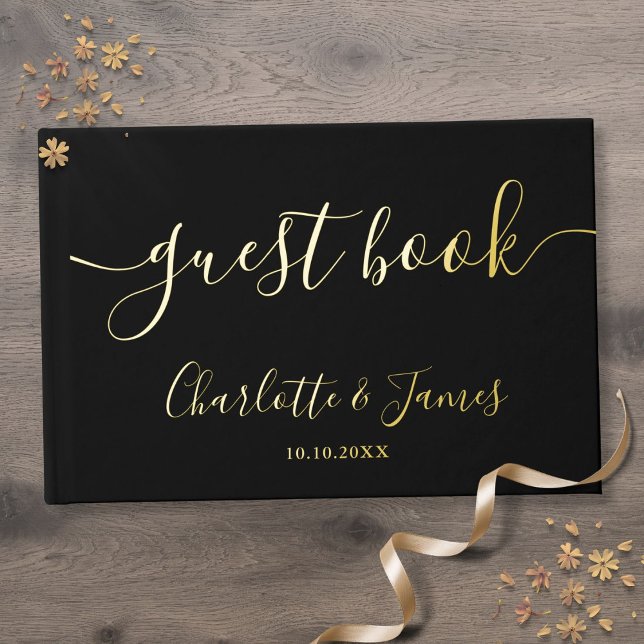 Elegante Schwarz-Gold-Signatur-Script-Hochzeit Gästebuch (Elegant Black And Gold Signature Script Wedding Foil Guest Book)