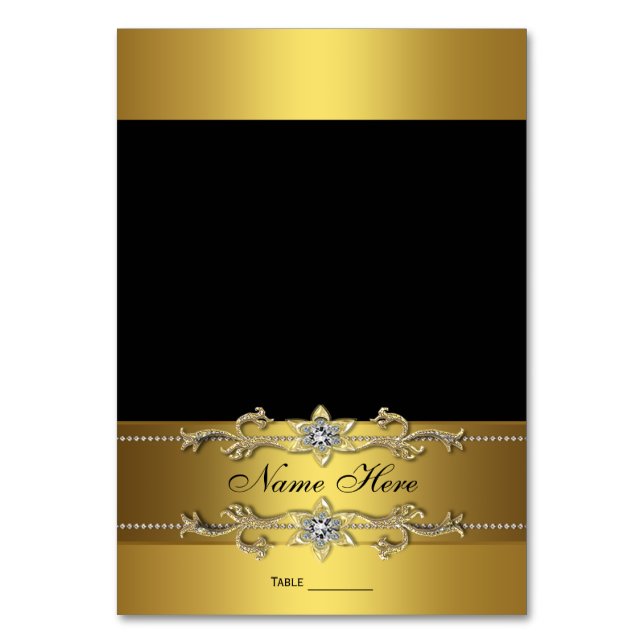 Elegante Schwarz-Gold-Sitzkarte Tischnummer (Vorderseite)