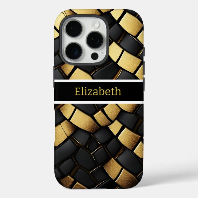 Elegante Schwarz-Gold-Snakeskin-Muster Textur iPhone 16 Pro Hülle (Rückseite)