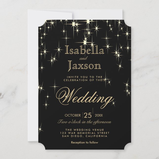 Elegante Schwarz-Gold-Starlights Hochzeit Einladung (Vorderseite)