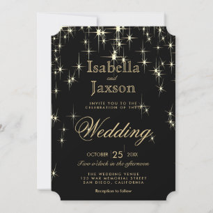 Elegante Schwarz-Gold-Starlights Hochzeit Einladung