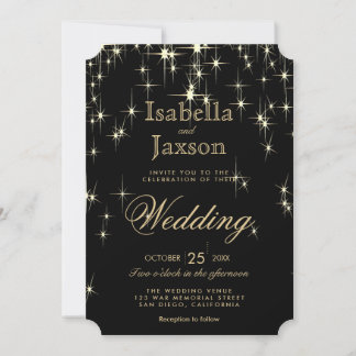 Elegante Schwarz-Gold-Starlights Hochzeit Einladung