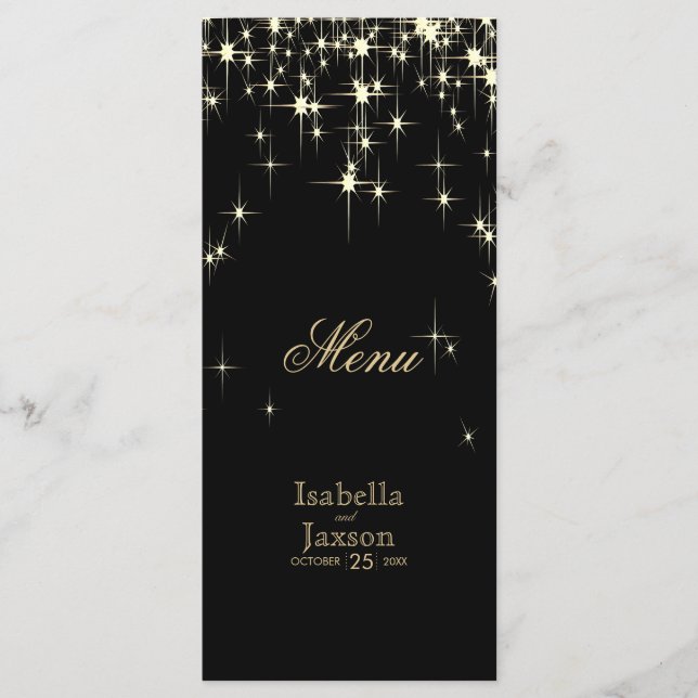 Elegante Schwarz-Gold-Starlights Hochzeit - Menü Menükarte (Vorderseite)
