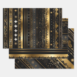Elegante Schwarz-Gold-Streifen Geschenkpapier Set