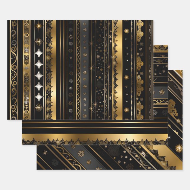 Elegante Schwarz-Gold-Streifen Geschenkpapier Set (Set)