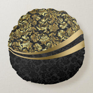 Elegante Schwarz/Gold Vintage Blütendörfchen Rundes Kissen