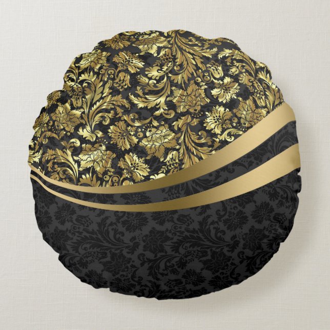 Elegante Schwarz/Gold Vintage Blütendörfchen Rundes Kissen (Vorderseite)