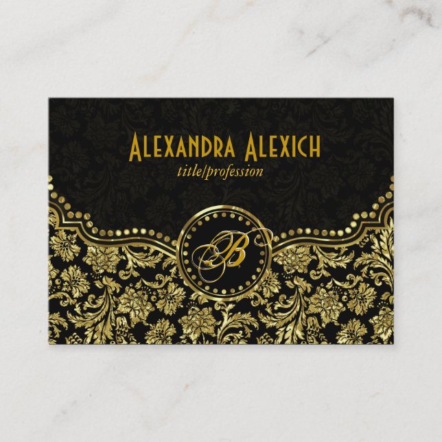 Elegante Schwarz/Gold Vintage Blütendörfchen Visitenkarte (Vorderseite)
