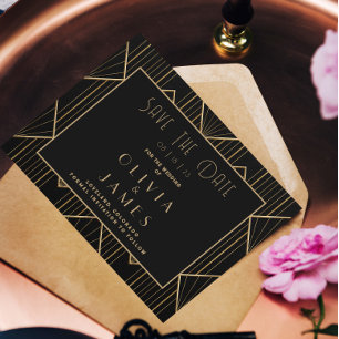 Elegante schwarz-goldene Art Deco Great Gatsby Hoc Save The Date
