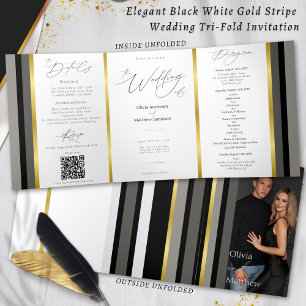 Elegante Schwarz-Grau-Streifen Typografie Hochzeit Dreifach Gefaltete Karte