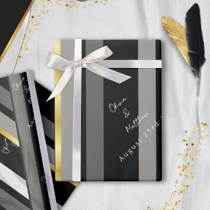 Elegante Schwarz-Grau-Streifen Typografie Hochzeit Geschenkpapier