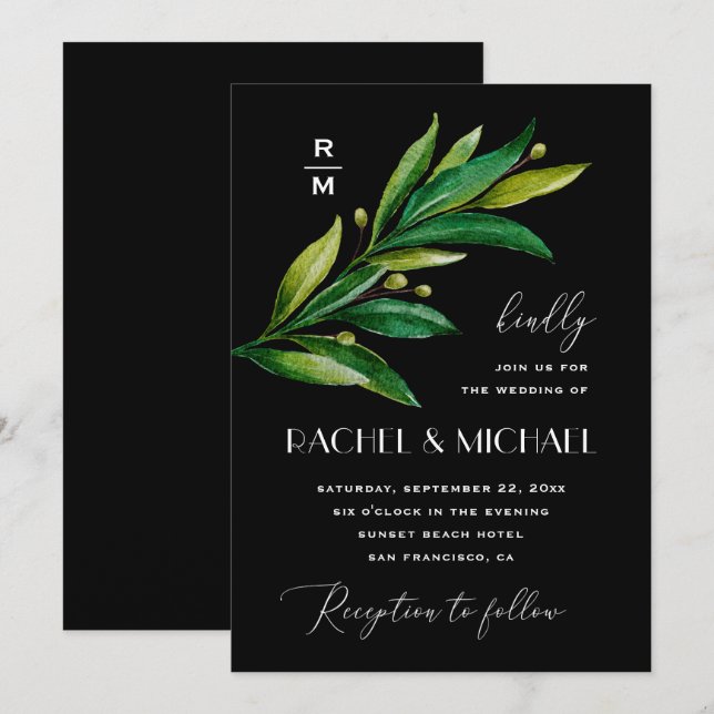 Elegante, schwarz grüne Hochzeit. Aquarell Einladung (Vorne/Hinten)