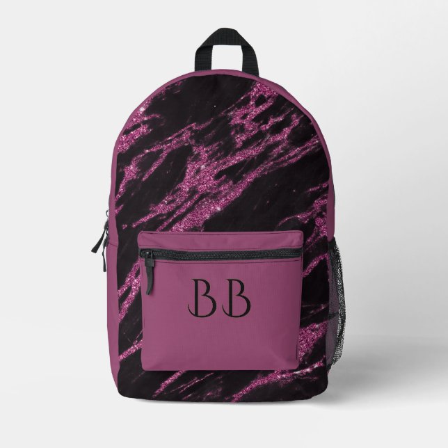 Elegante Schwarz-Lila Glitzer-Marmorinitials Bedruckter Rucksack (Vorderseite)