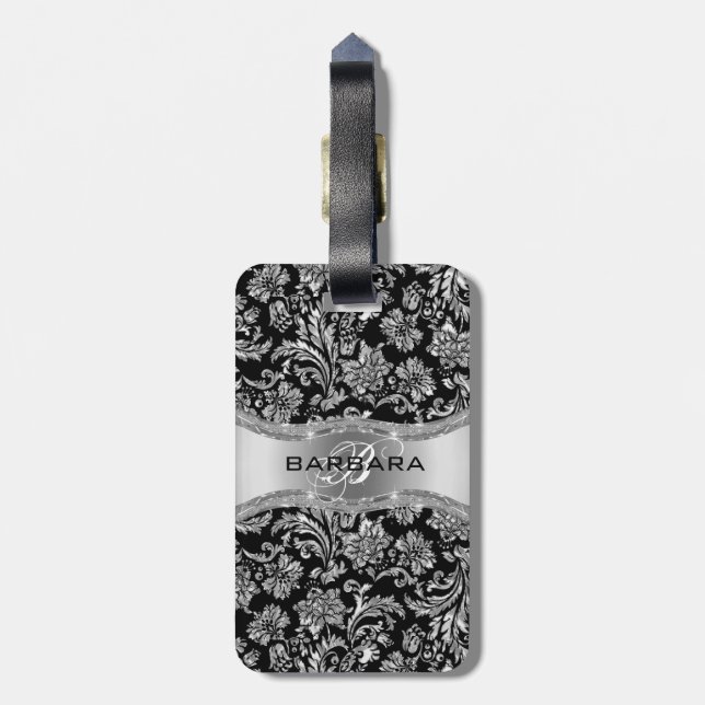 Elegante Schwarz/Metallisches Silber Vintage Damas Gepäckanhänger (Rückseite vertikal)