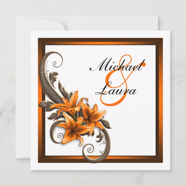 Elegante Schwarz-Orange-Asiatische Lily-Hochzeit Einladung (Vorderseite)