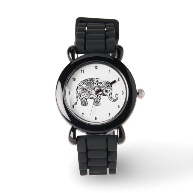 Elegante Schwarz Paisley Floral Elephant Illustrat Armbanduhr (Vorderseite)