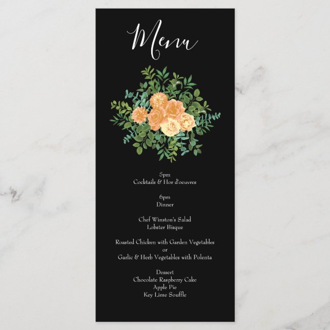 Elegante Schwarz-Peach-Rose Hochzeit Menükarte (Vorderseite)