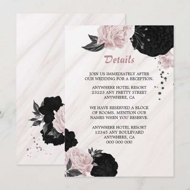 Elegante Schwarz-Rosa-Blume - Detailkarte Begleitkarte (Vorne/Hinten)