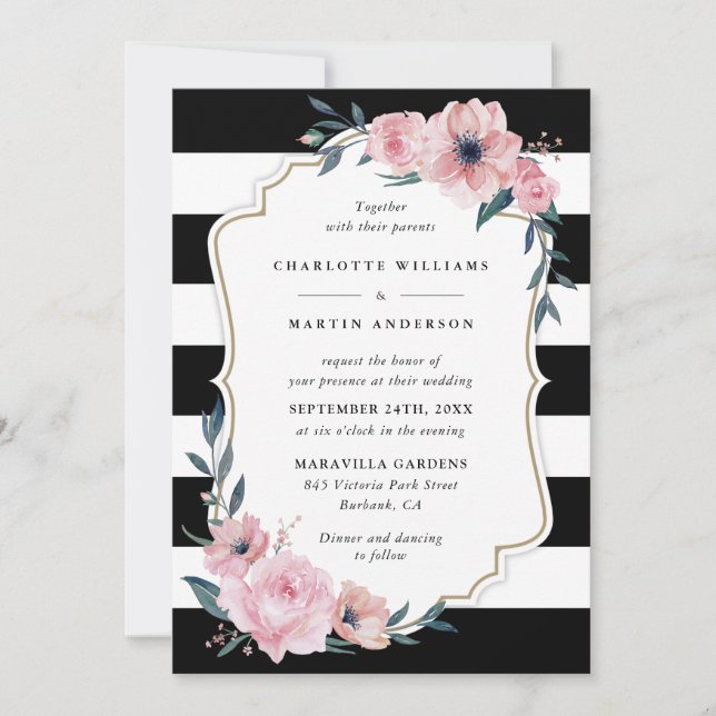 Elegante Schwarz Rosa Blütenhochzeit Einladung (Vorderseite)